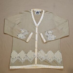Storybook Knits Womens Beige Stunning Silver Cardigan Sweater Beaded Sequins‎ L